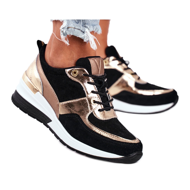 Vinceza Damen Sportschuhe Leder schwarz und gold 21-7777