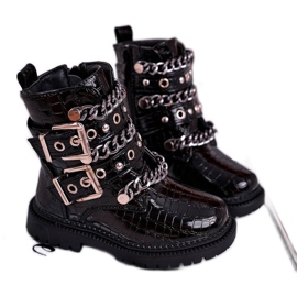 FRROCK Warme Kinderstiefel mit Schnallen Print Schwarz Fun Time