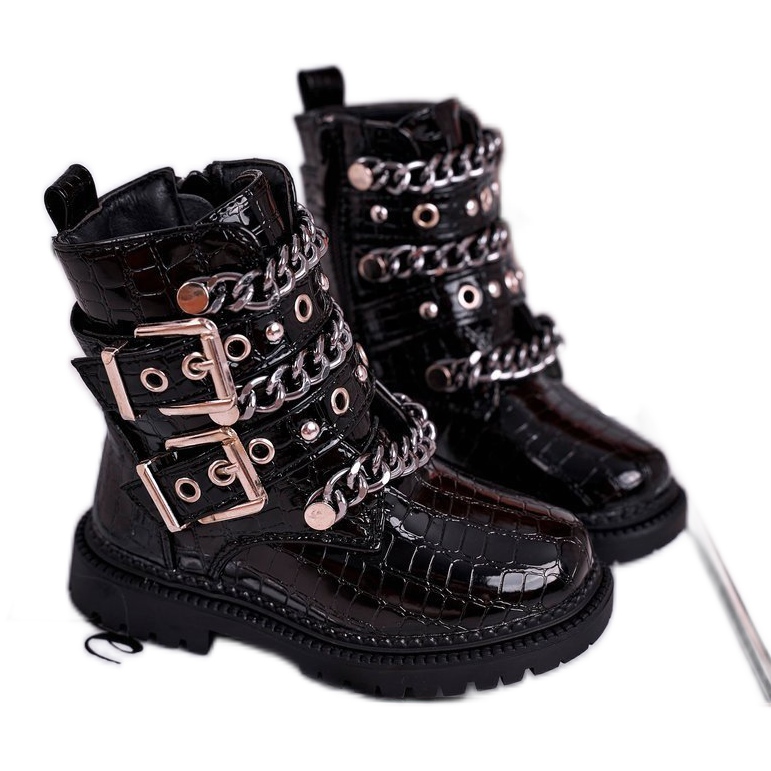 FRROCK Warme Kinderstiefel mit Schnallen Print Schwarz Fun Time