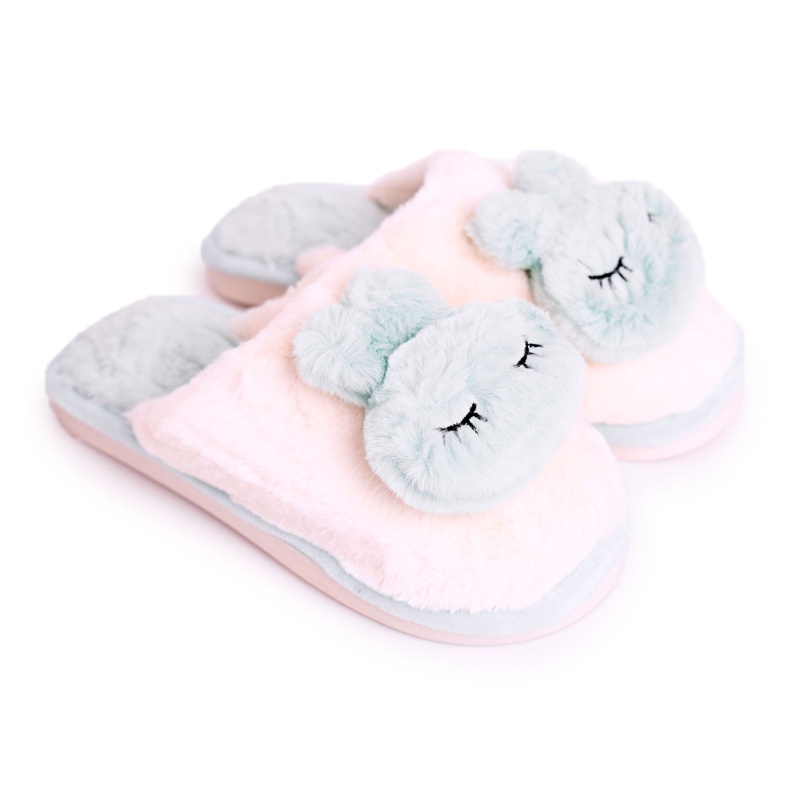 Damen Pelzhausschuhe Hellgrün Kaninchen rosa