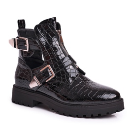 FB2 Damenstiefel mit Cut-outs Lackiert Kroko Schwarz Dorothy