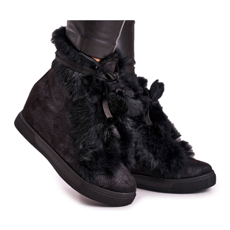 Schwarze Keilsneaker für Damen mit Fell Pretty Black silber-