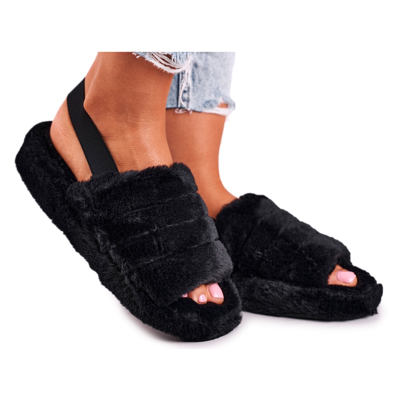 FJ1 Damenhausschuhe auf der Pelzplattform Black Snowflake schwarz