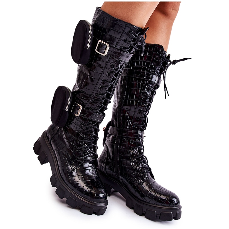 Joia Damenstiefel Trappers mit Handtaschen Schwarz Animal Print Military