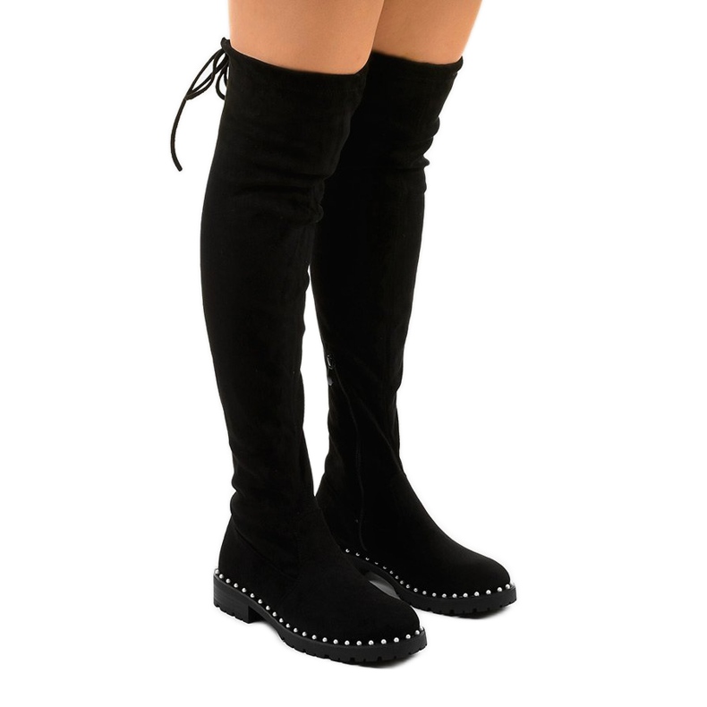 Schwarze flache Stiefel mit langem Cozysand-Schaft