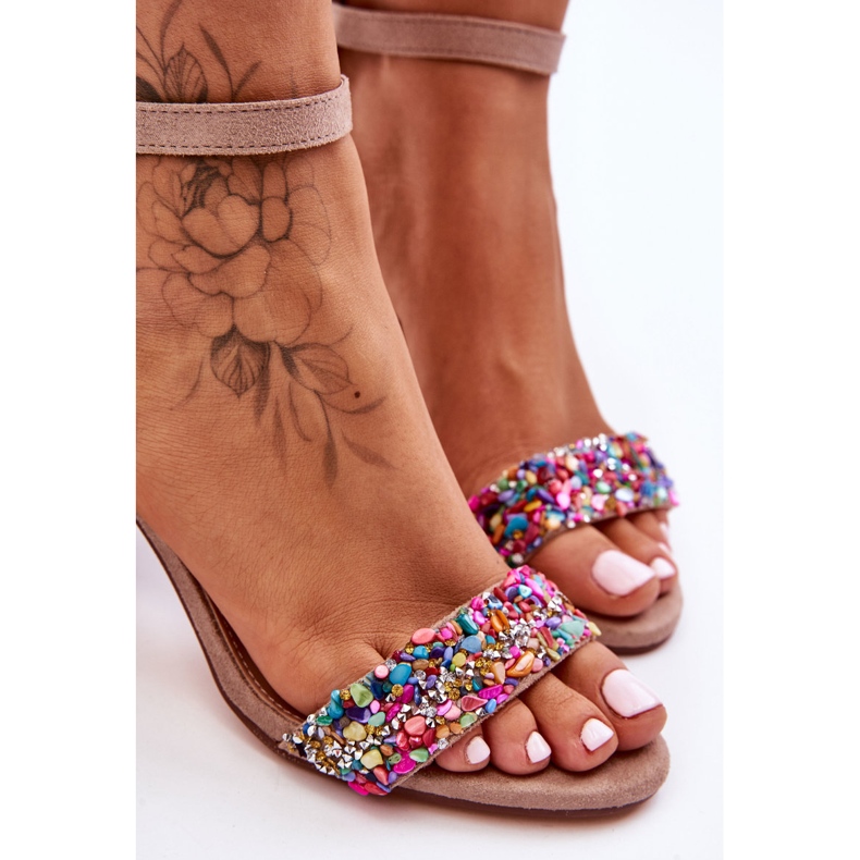 Modische High Heels Sandalen mit Ziersteinen Beige Love Me 2