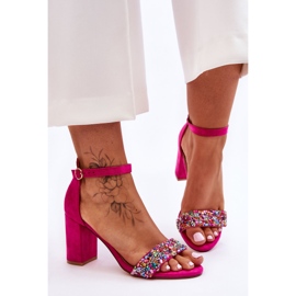 Modische High-Heel-Sandalen mit dekorativen Steinen in Fuchsia Love Me rosa 1