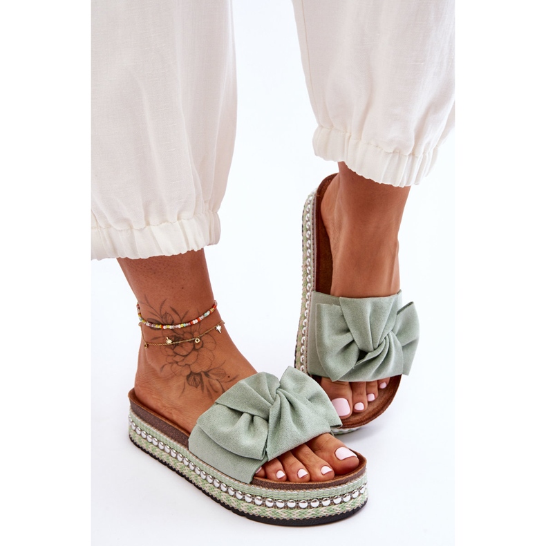 Damen-Hausschuhe aus Wildleder mit Schleife Lauria Green grün 2