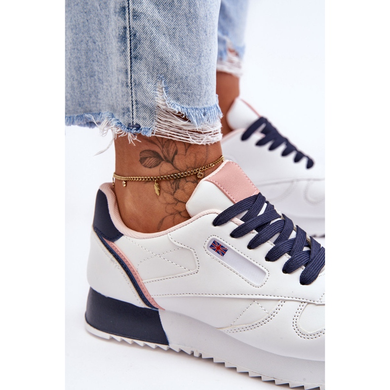 PM1 Weiße und marineblaue Merida-Schnür-Plateau-Sportschuhe aus Leder 2