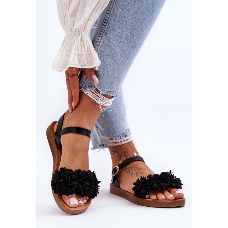 Damensandalen mit Textilblumen Schwarz Fiori 1