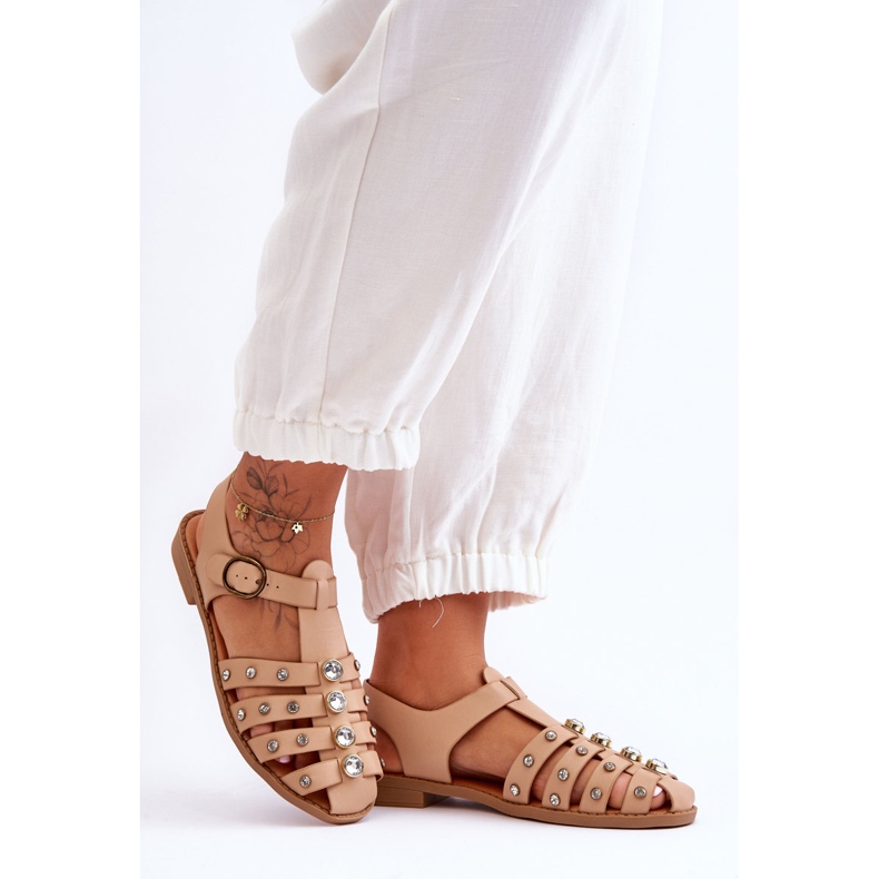 Flache Damensandalen mit Zirkonen Beige Ascot 2