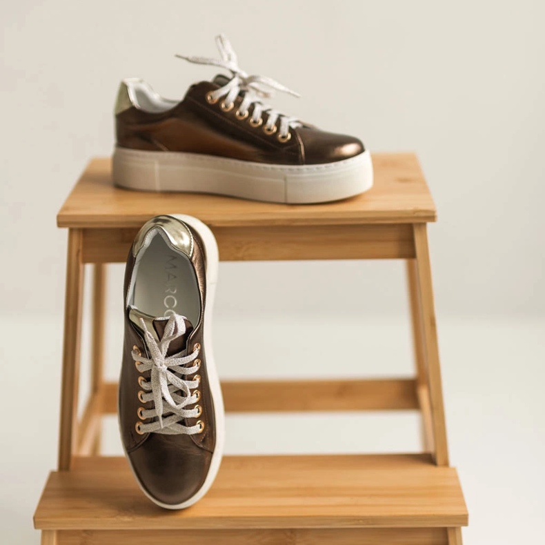 Marco Shoes Damen Sneaker aus echtem Leder auf dicker Sohle golden 2