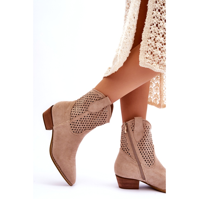 Durchbrochene Cowboystiefel für Damen Beige Schilf 2