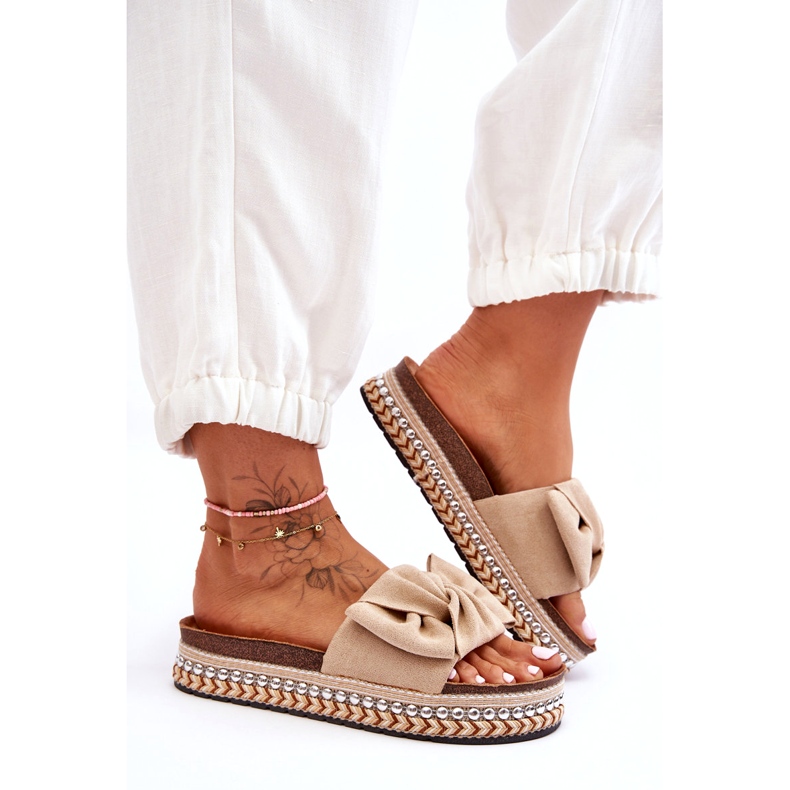 Damen-Hausschuhe aus Wildleder mit Schleife Beige Lauria 2