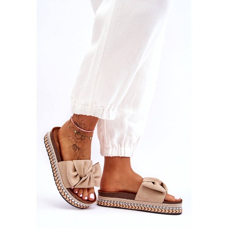 Damen-Hausschuhe aus Wildleder mit Schleife Beige Lauria 5