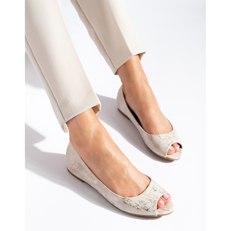 Goldene Shelovet-Ballerinas für Damen mit offener Zehenpartie 1