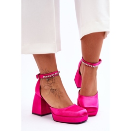 Modische Pumps auf massiven Absätzen mit Zirkonen in Fuchsia Adel rosa 2