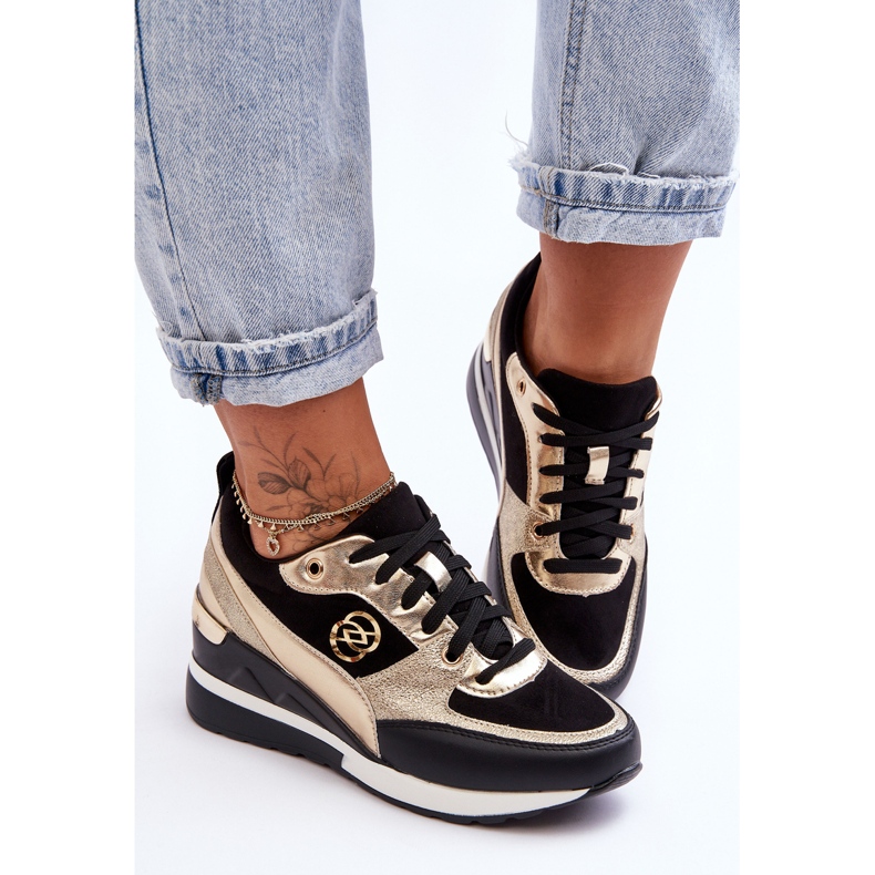 PE1 Damen-Sneaker mit Keilabsatz und Schnürung in Schwarz und Gold Genova 2