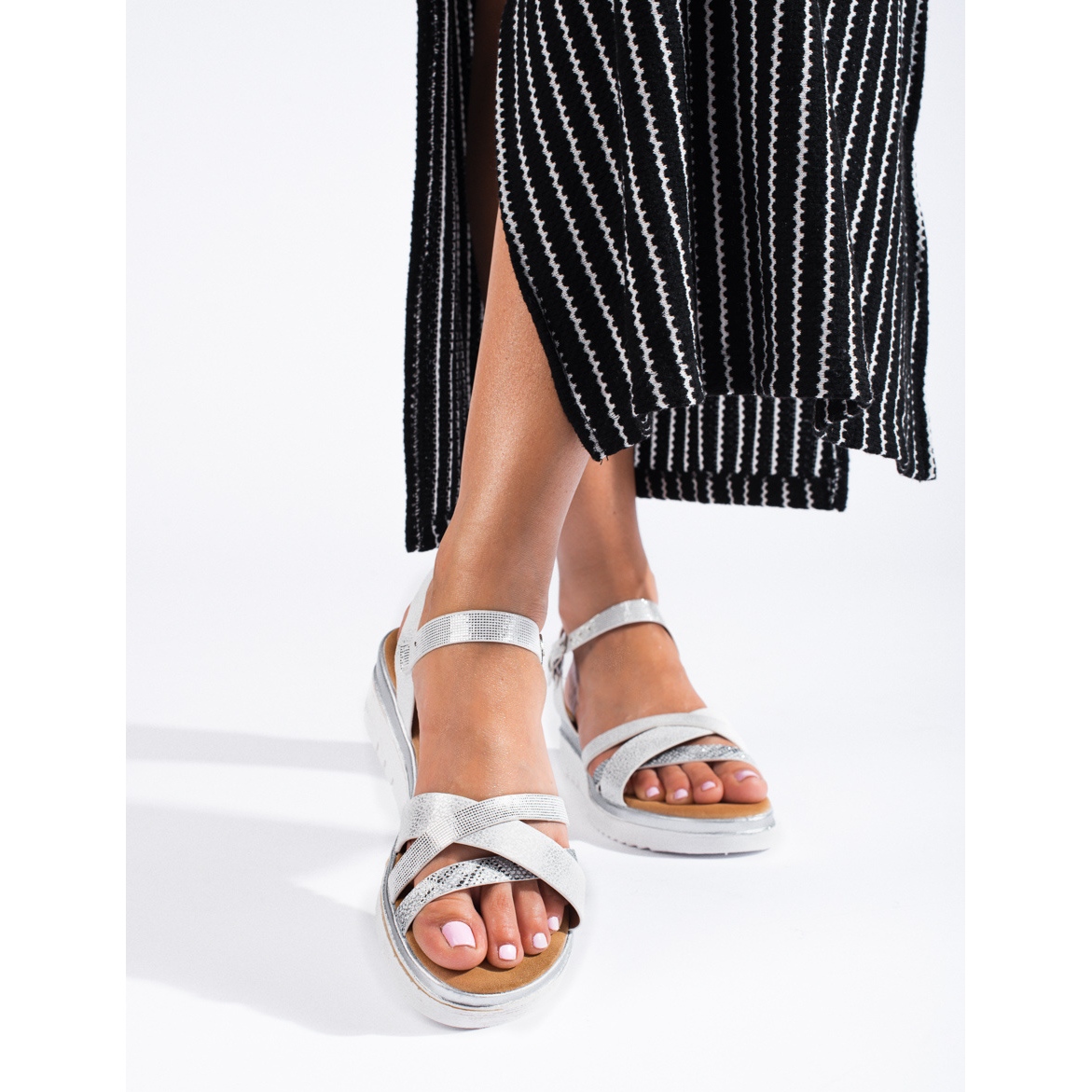 Comfortable Shelovet Low Wedge Sandals in White and Silver | eBay