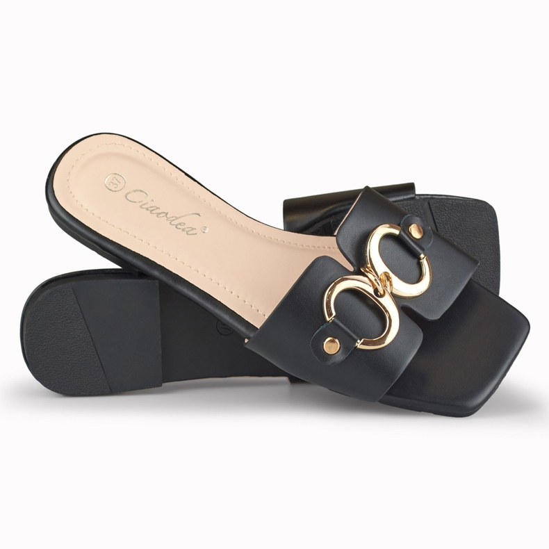 Schwarze Damenhausschuhe mit goldener Hensi-Verzierung 1