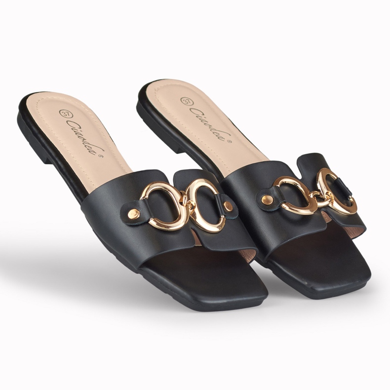 Schwarze Damenhausschuhe mit goldener Hensi-Verzierung 2