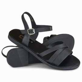 Flache schwarze Damensandalen in Violett 1