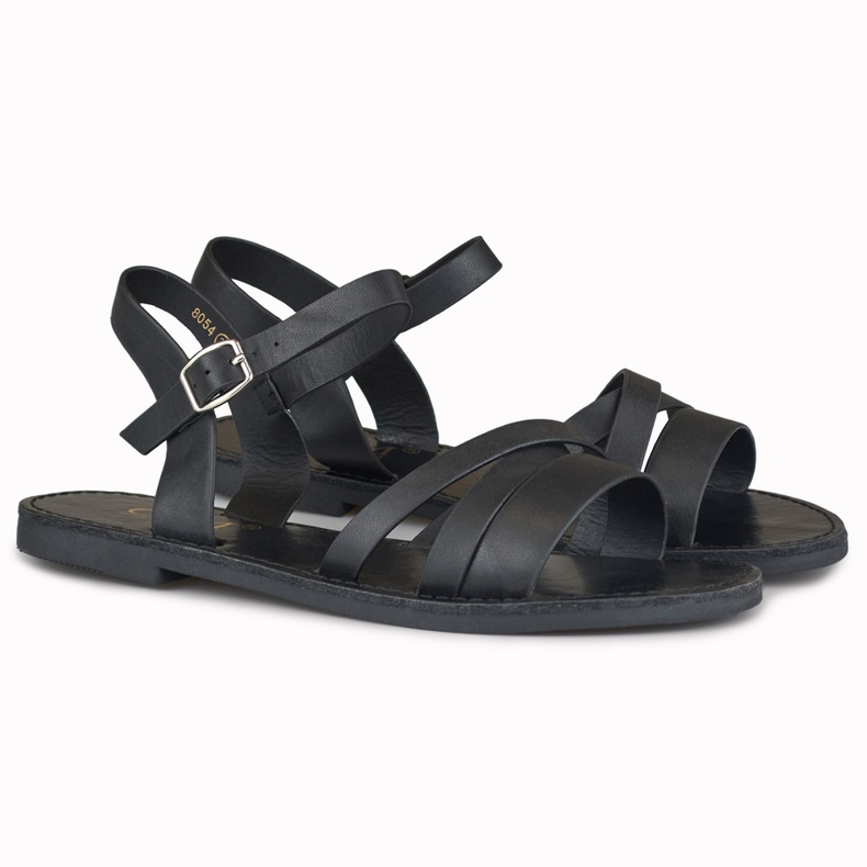 Flache schwarze Damensandalen in Violett 2