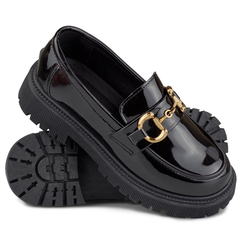 Lackierte schwarze Damen-Loafer mit Verzierung 1