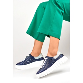 Marineblaue Damen-Sportschuhe aus echtem Leder 2