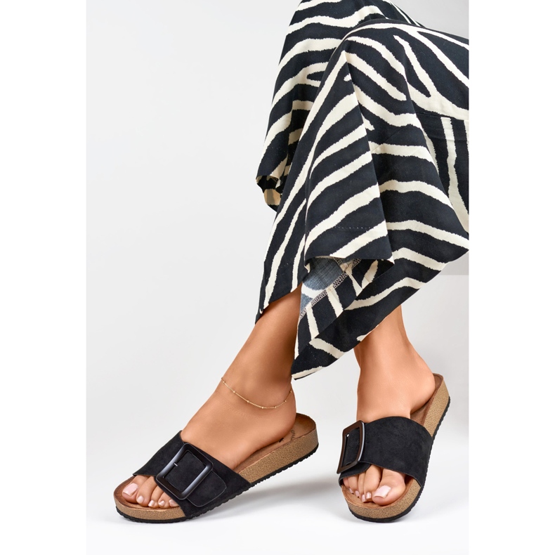 Schwarze Damen-Slider mit Schnalle 1