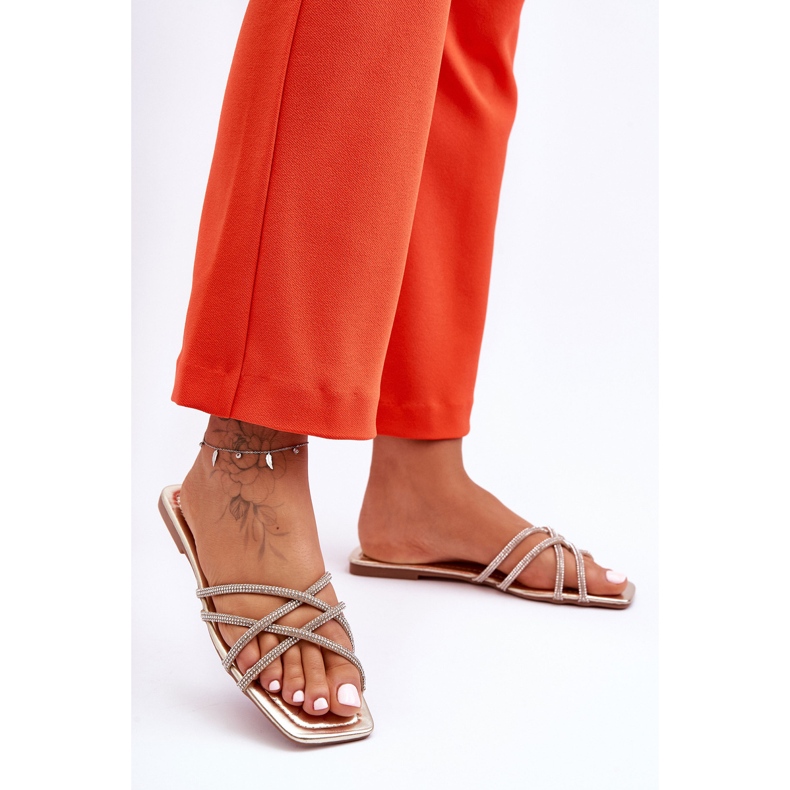 Damenhausschuhe mit Streifen und Strasssteinen Golden Leomi 1