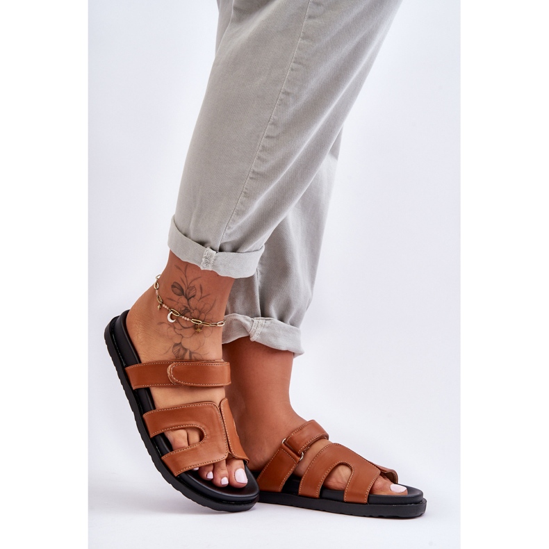 FJ1 Klassische Damen-Hausschuhe aus Leder mit Klettverschluss, Braun, Amedon 1