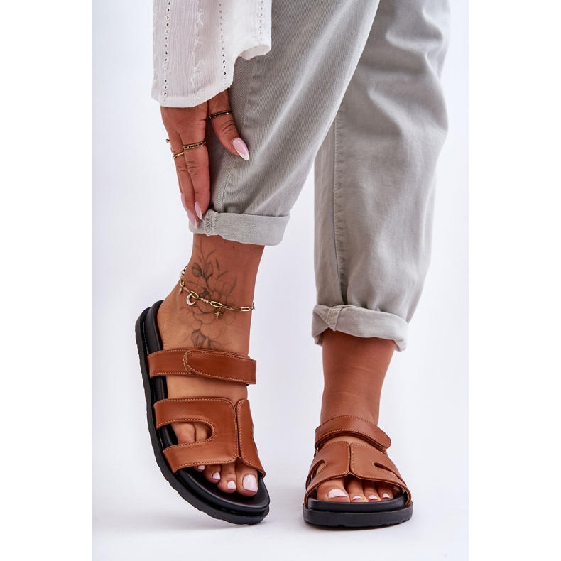 FJ1 Klassische Damen-Hausschuhe aus Leder mit Klettverschluss, Braun, Amedon 2