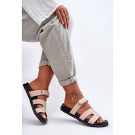 Klassische Damen-Hausschuhe aus Leder mit Klettverschluss Beige Amedon 1