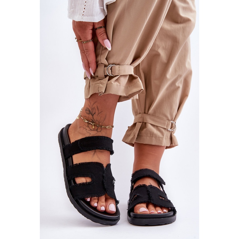 Damen-Hausschuhe aus Stoff mit Klettverschluss, Schwarz, Lamirose 2