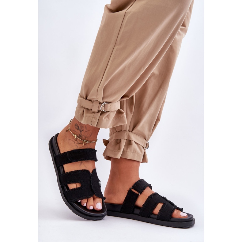 Damen-Hausschuhe aus Stoff mit Klettverschluss, Schwarz, Lamirose 1