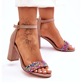 Modische High Heels Sandalen mit Ziersteinen Beige Love Me 4