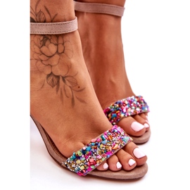 Modische High Heels Sandalen mit Ziersteinen Beige Love Me 1