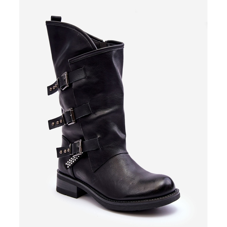 Damen-Lederstiefel mit flachem Absatz und hohem Absatz in Schwarz Nyreo 2