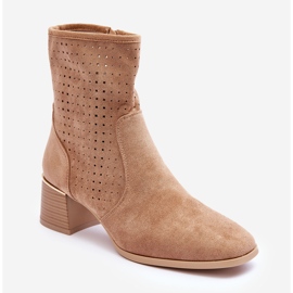 PG1 Durchbrochene Wildlederstiefel mit hohem Absatz, dunkelbeige Perlen 1