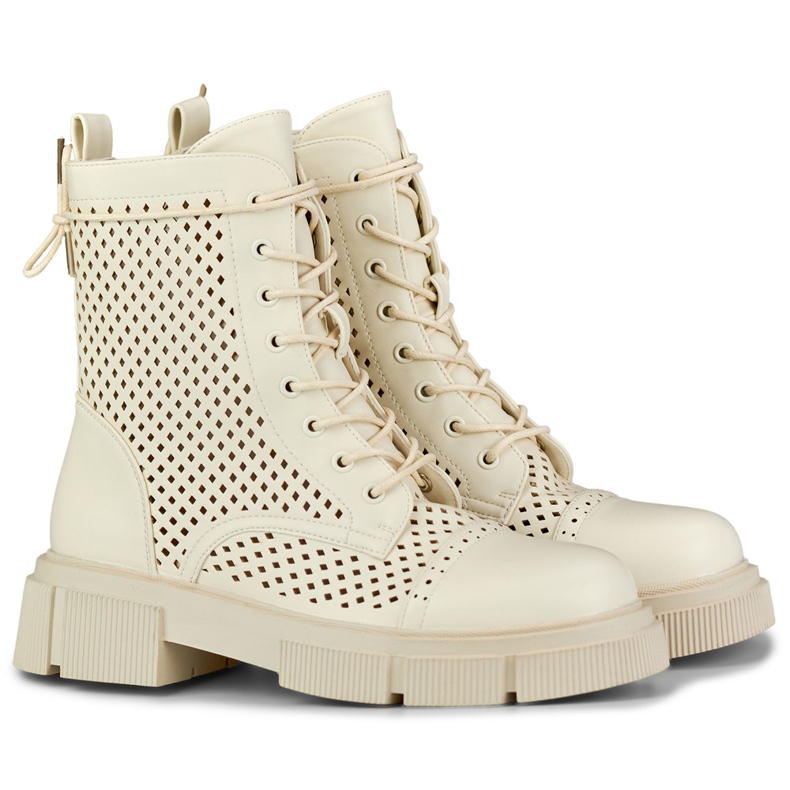 Durchbrochene beige Schnürstiefel für Damen 1