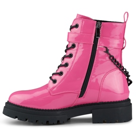 Damen-Arbeiterstiefel aus rosafarbenem Lackleder mit abnehmbarer Kette 1