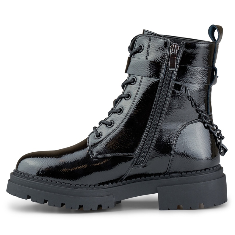 Schwarz lackierte Damen-Arbeiterstiefel mit abnehmbarer Kette 1