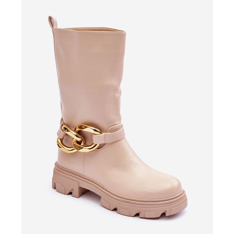 Lederstiefel mit flachem Absatz Beige Diominna 1