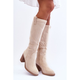 Damen-Wildlederstiefel mit hohem Absatz Hellbeige Khabira 1