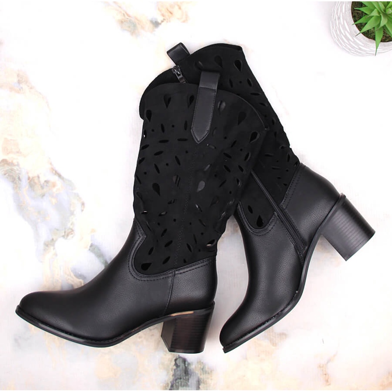 M. DASZYŃSKI Warme, durchbrochene Cowboystiefel für Damen, schwarz M.Daszyński MR2337-3 1