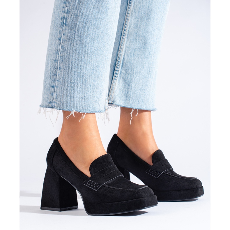 Schwarze Wildlederstiefel von Shelovet mit breitem Stilettoabsatz 1