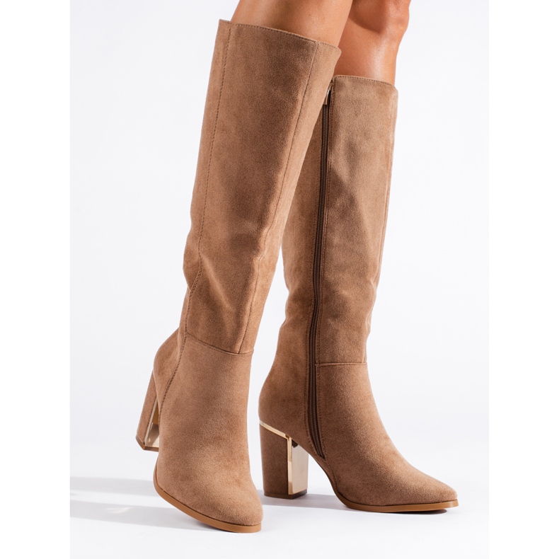 Braune elegante Wildlederstiefel mit hohen Absätzen von Shelovet beige 1
