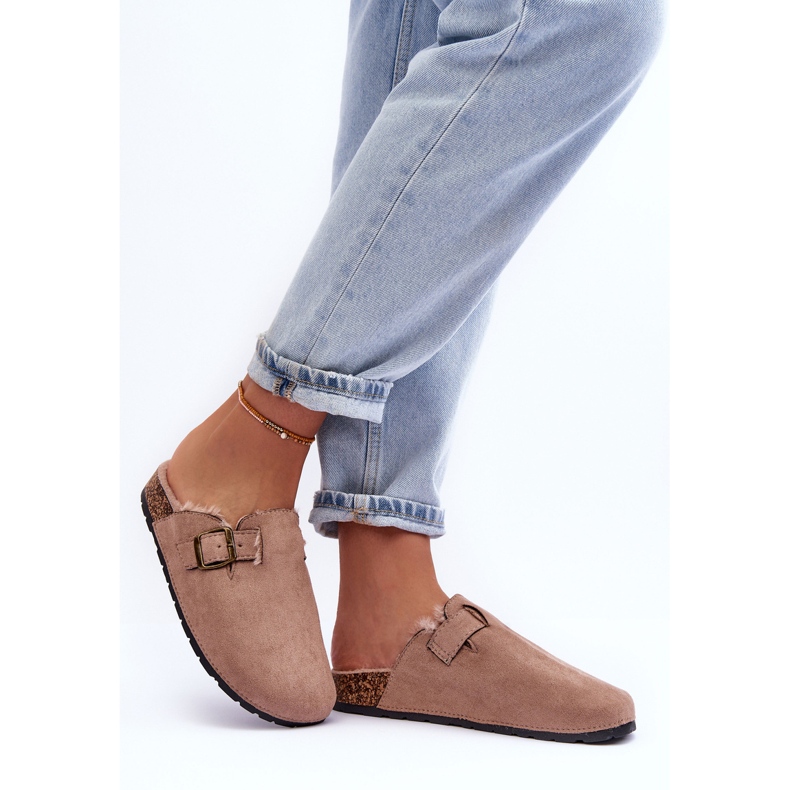 Beige Damen-Flip-Flops aus Wildleder mit Fell Haidamia 2