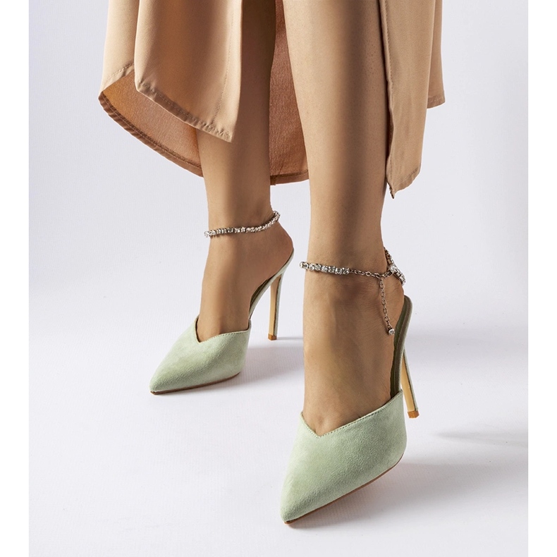 Grüne Claude-Flip-Flops mit hohen Absätzen und Strasssteinen 1